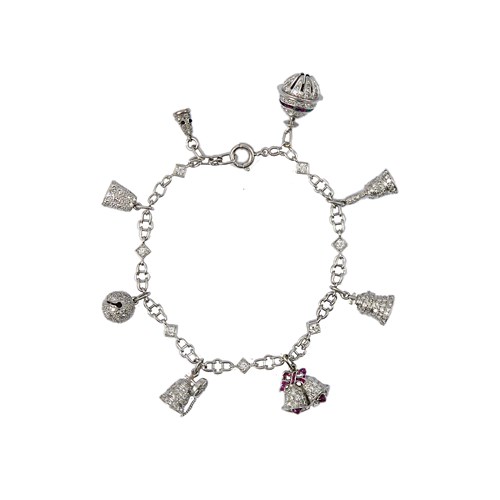 Art Deco platinum and diamond charm bracelet hung with various bell charms, American, including the Liberty bell,
